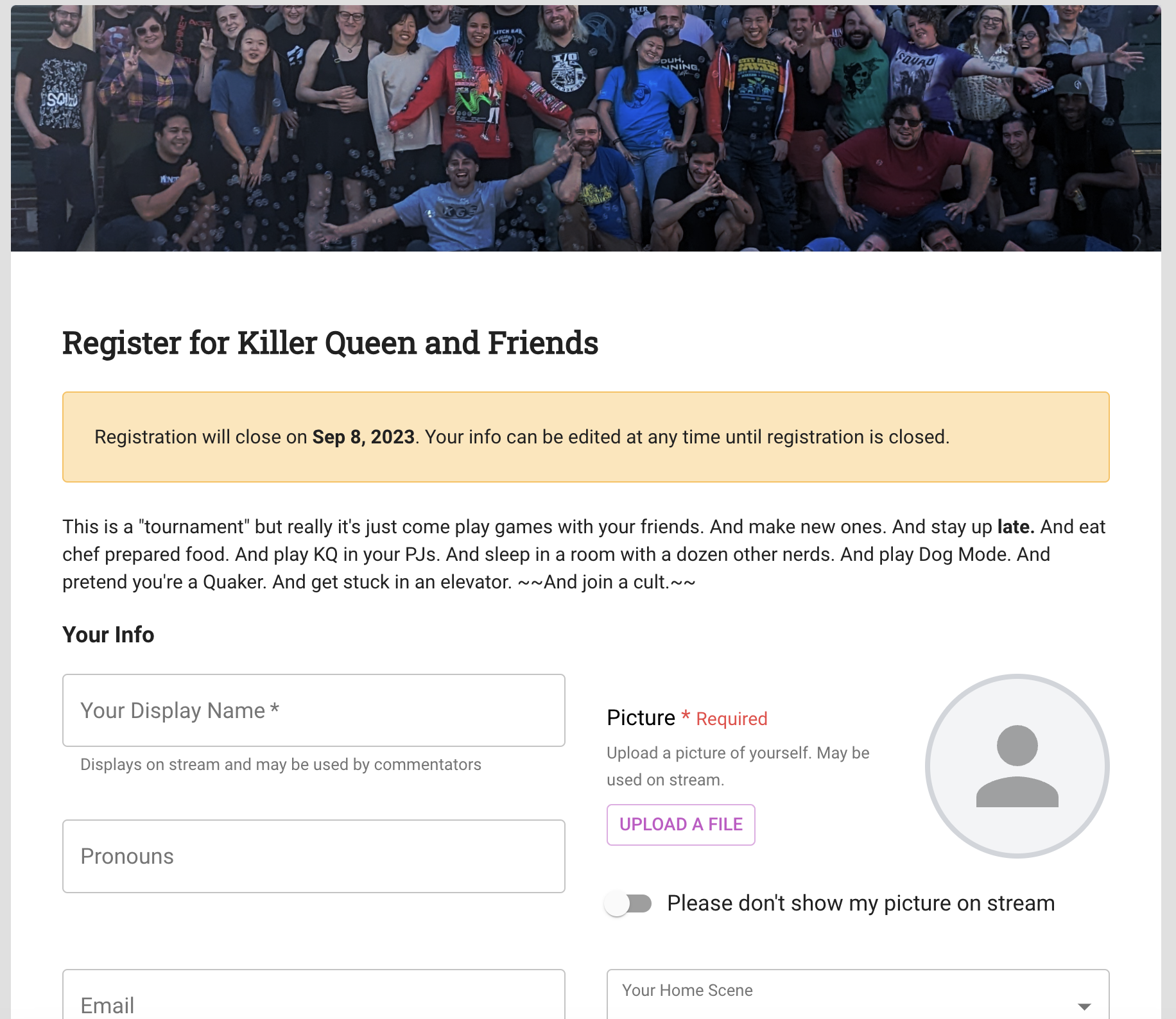 Screenshot of a tournament registration page